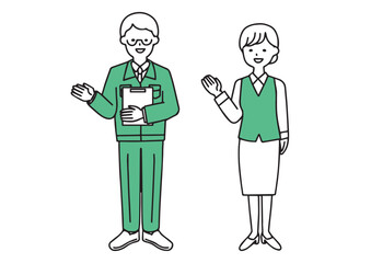 資料を手に説明する工務店の男性と受付の女性のシンプルなイラスト