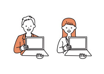 ノートパソコンの画面を見せながら説明するオフィスカジュアルの男女のイラストセット