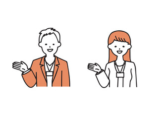 ご案内をしているオフィスカジュアルの男女のシンプルなイラストセット