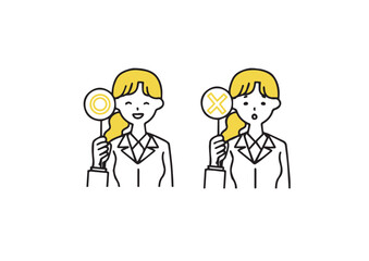丸とバツの札を持っているビジネスマンの女性のアイコンセット