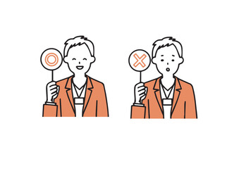 丸とバツの札を持っているオフィスカジュアルの男性セット