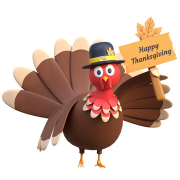 happy thanksgiving turkey holding wood board 3d icon illustration