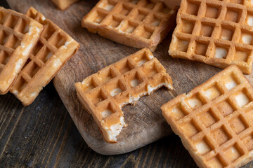 soft sweet waffles on the table, close up