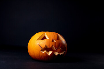 Composition of halloween jack o lantern and copy space on black background