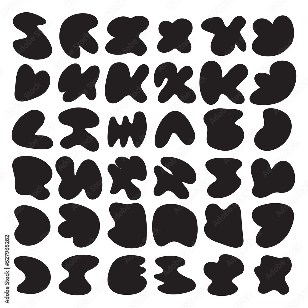 Poster random organic round spot blob pebble shape set. collection of abstract irregular stains shape in bl