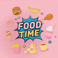 Food time banner with paper art and cartoon style