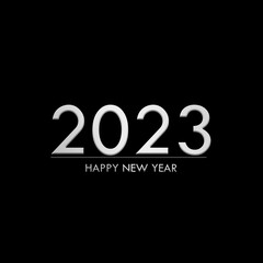Fototapeta na wymiar 2023 Happy New Year on Dark Black Background,Card or Poster Celebration Festive Christmas New Start Backdrop,Free Space Mock Up Display for add Product and Company Presentation.Party Symbols.