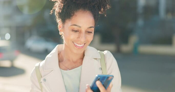 Phone selfie, peace sign and city tourist woman on social media communication technology or 5g mobile app. Smile and happy latino on busy road or street background in fashion, trend and style clothes