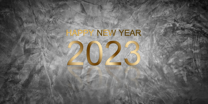 2023 Happy New Year on Dark Black Cement Background,Card or Poster Celebration Festive Christmas New Start Backdrop,Free Space Mock Up Display for add Product and Company Presentation.Party Symbols.