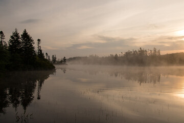 Calm lake with mist rising