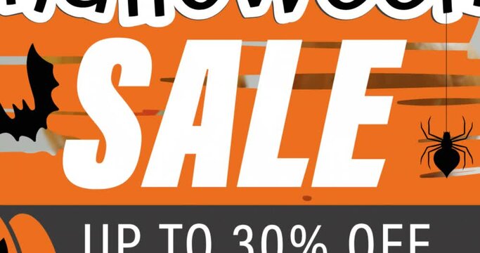 Animation of halloween sale text with ghosts over orange carved pumpkins