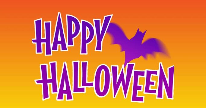 Animation of happy halloween text over bat on orange background