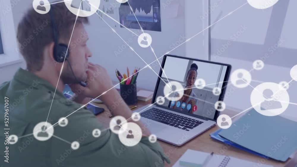 Aufkleber animation of network of connections with icons over man using laptop