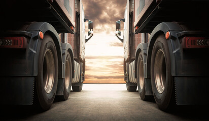 Semi TrailerTrucks on Parking with The Sunset Sky. Truck Wheels Tires. Shipping Container Truck....