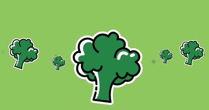 Animation of multiple broccoli icons on green background