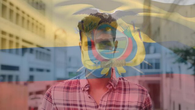 Animation of flag of equador waving over latin man wearing face mask in city street