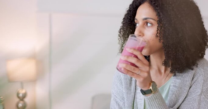 Smoothie, health and wellness with a young woman drinking a glass of fruit juice for wellness, vitality and weight loss. Fruits, milkshake and diet with a happy female enjoying a drink for nutrition