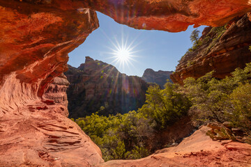 Landscape taken from inside small tunnel with sun shining near Sedona Arizona