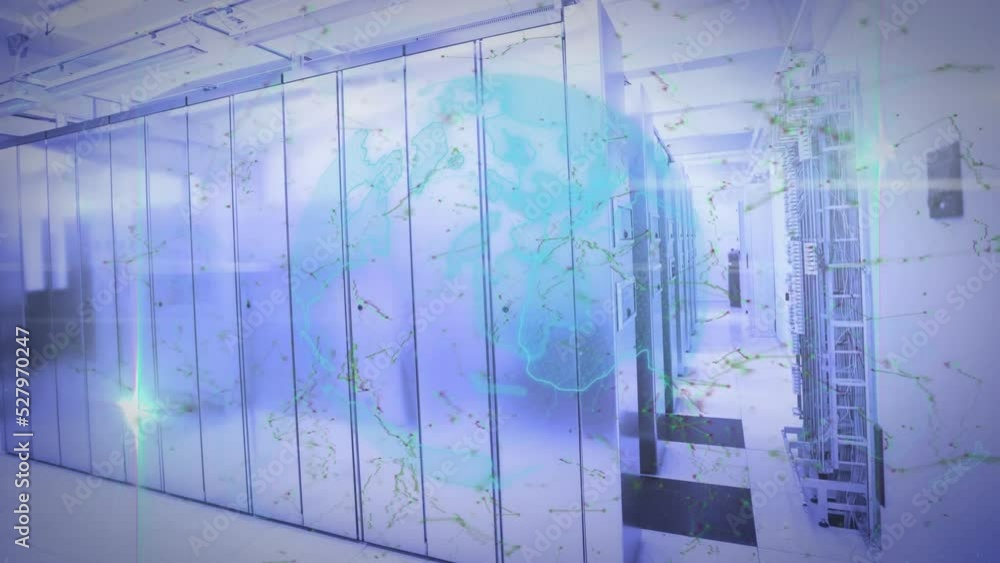 Poster animation of data processing over globe and computer servers