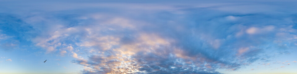 Dark blue sunset sky panorama with Cumulus clouds. Seamless hdr pano in spherical equirectangular format. Complete zenith for 3D visualization, game and sky replacement for aerial drone 360 panoramas.
