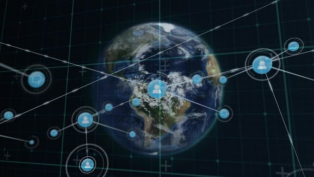 Animation of network of connections with icons over globe and grid