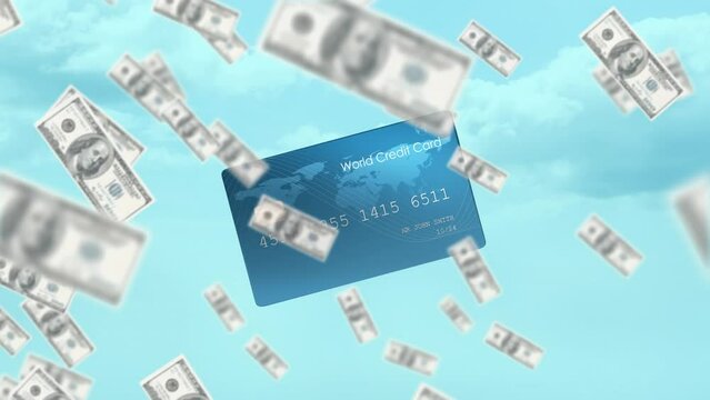 Animation of american dollar banknotes falling over credit card
