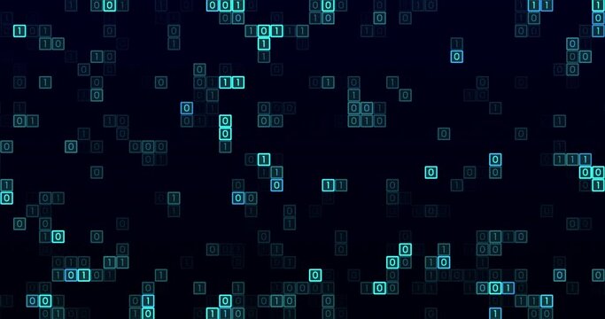 Blue digital squares that have letter of zero and one are moving randomly. Seamless Loop.