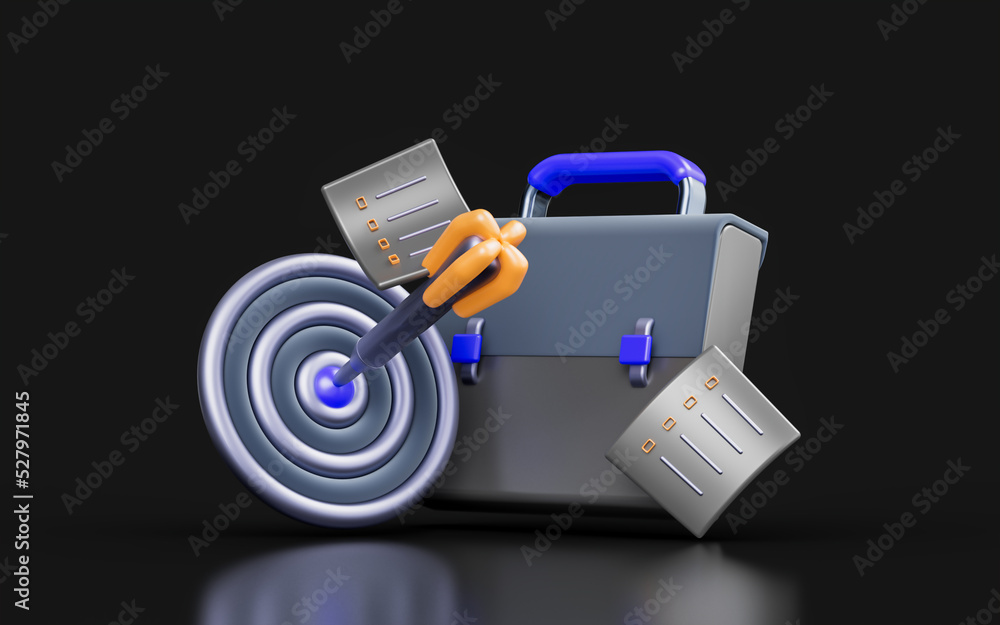 Poster briefcase with bullseye document sign dark background 3d render concept for business aim monitoring