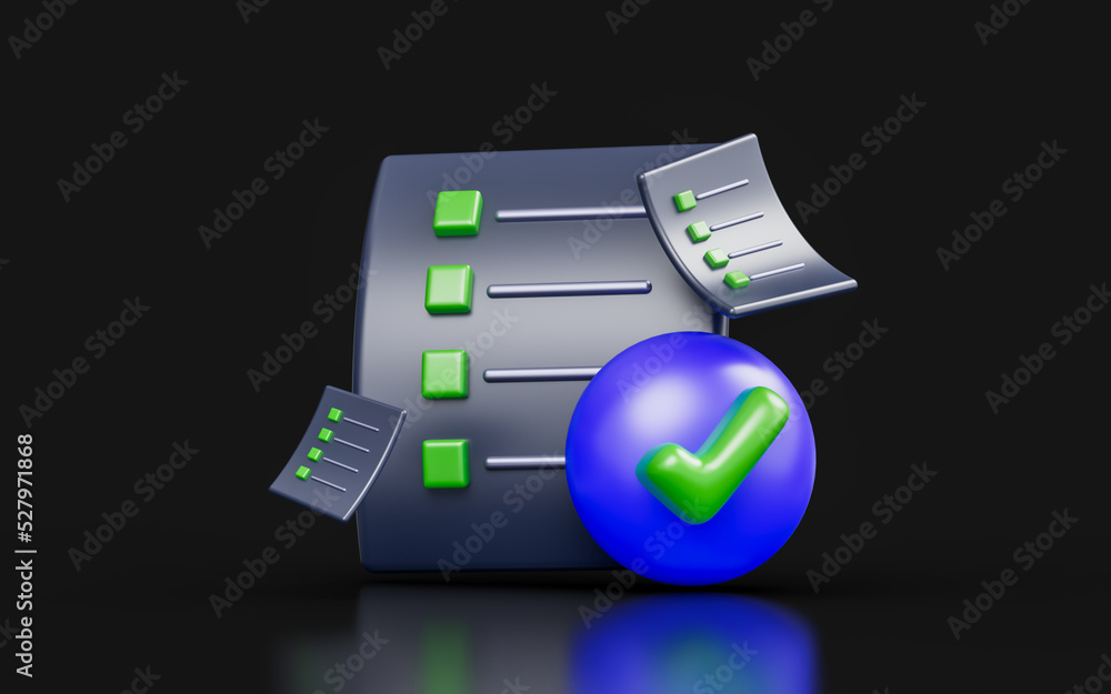 Poster document check mark sign on dark background 3d render concept for business planning approve