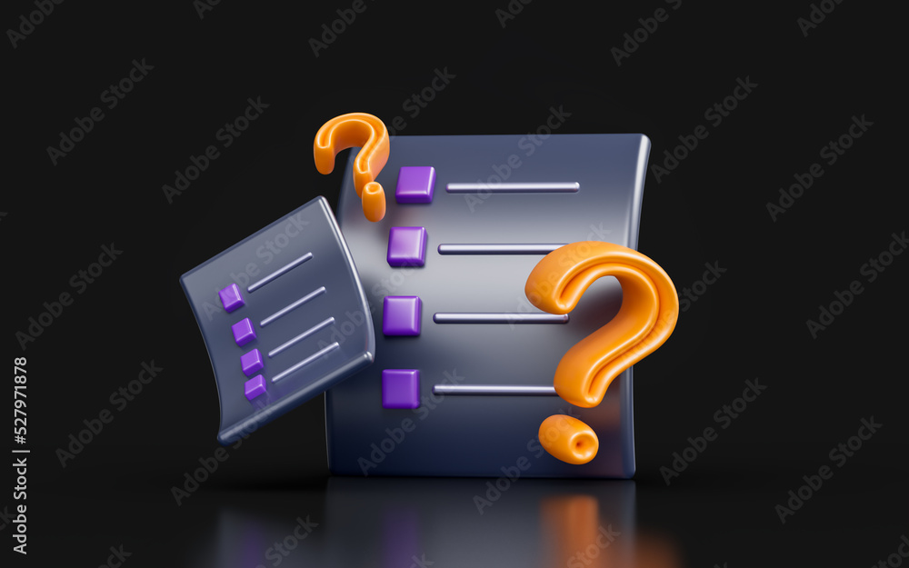 Poster document question mark sign on dark background 3d render concept for paper work inquire