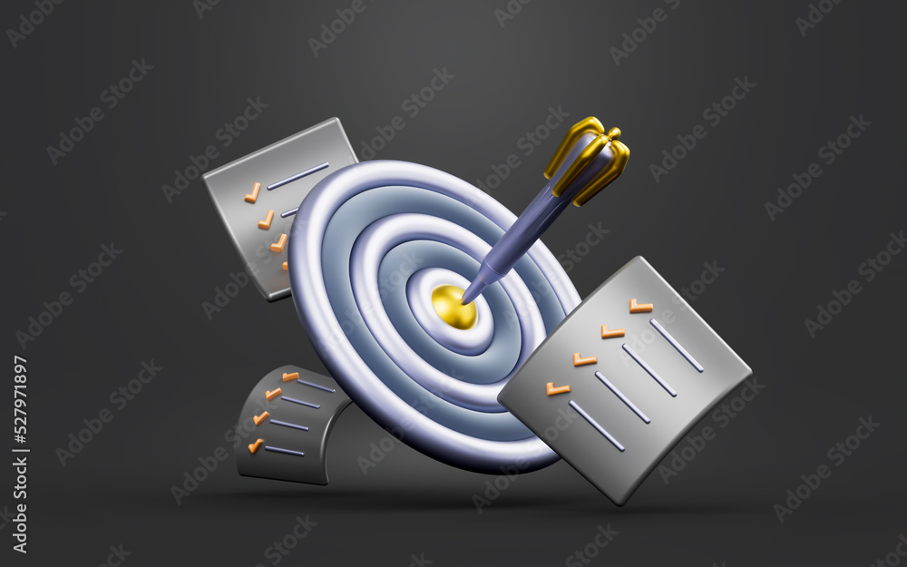 Poster bulls eye arrow with document sign on dark background 3d render concept for target work
