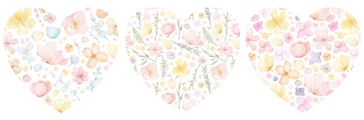 Watercolor hand drawn cute floral hearts with delicate abstract spring flowers, eucalyptus branches. Meadow simple wild flowers elements isolated on white background. Nursery collection