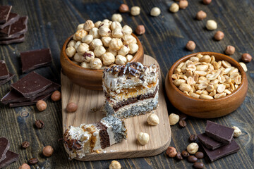 multi-layer cake with different layers, close up