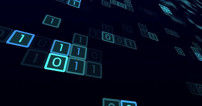 Blue digital squares that have letter of zero and one are moving randomly. Seamless Loop.