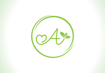 Love healthy and green nutrition leaf logo design vector and the letters. Green love leaf vector. with A