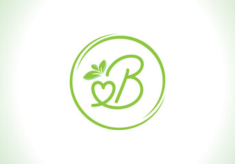 Love healthy and green nutrition leaf logo design vector and the letters. Green love leaf vector. with B