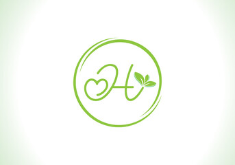 Love healthy and green nutrition leaf logo design vector and the letters. Green love leaf vector. with H