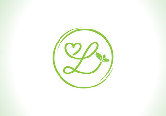 Love healthy and green nutrition leaf logo design vector and the letters. Green love leaf vector. with L