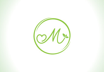 Love healthy and green nutrition leaf logo design vector and the letters. Green love leaf vector. with M