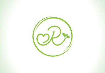 Love healthy and green nutrition leaf logo design vector and the letters. Green love leaf vector. with R