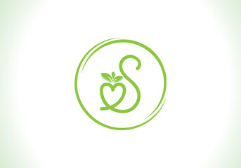 Love healthy and green nutrition leaf logo design vector and the letters. Green love leaf vector. with S