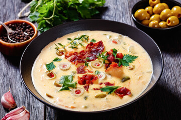 Beer cheese soup in bowl, top view