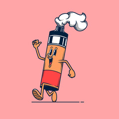 Orange vaping device store mascot walking. Retro vintage cartoon logo illustration.