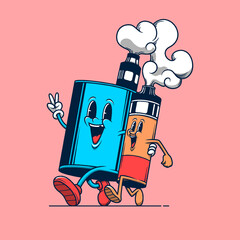 Two vape store mascot walking together. Retro vintage cartoon logo illustration.