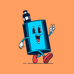 Blue vaping device mascot walking. Retro vintage cartoon logo illustration.