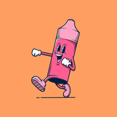 Pink smiley vape store mascot walking. Retro vintage cartoon logo illustration.