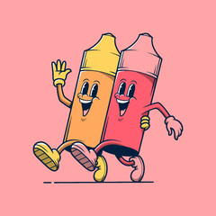 Two vape store mascot walking together. Retro vintage cartoon logo illustration.