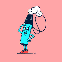 Blue vaping device store mascot walking. Retro vintage cartoon logo illustration.