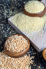 Raw, dry and not cooked porridge of peas on the table