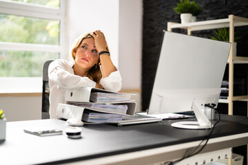 Paper Work Pile Stress. Woman Fatigue